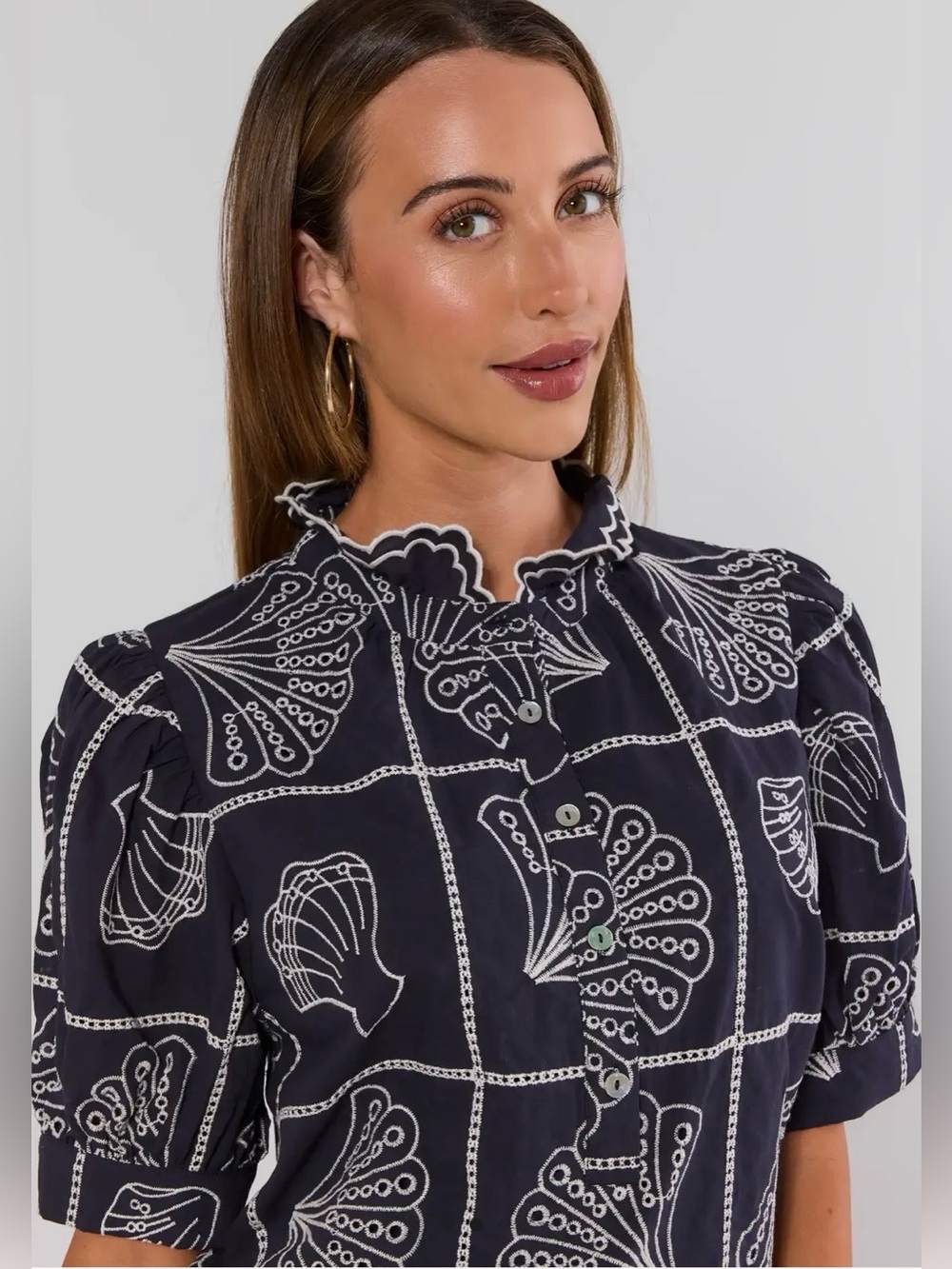NWT! Entro Navy Scallop Shell Button-Front Women's Top